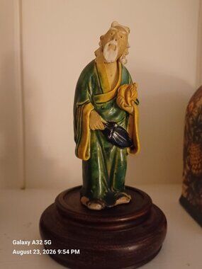 Antique Vintage Asian Chinese Glazed Ceramic Pottery Mud Man with Stand